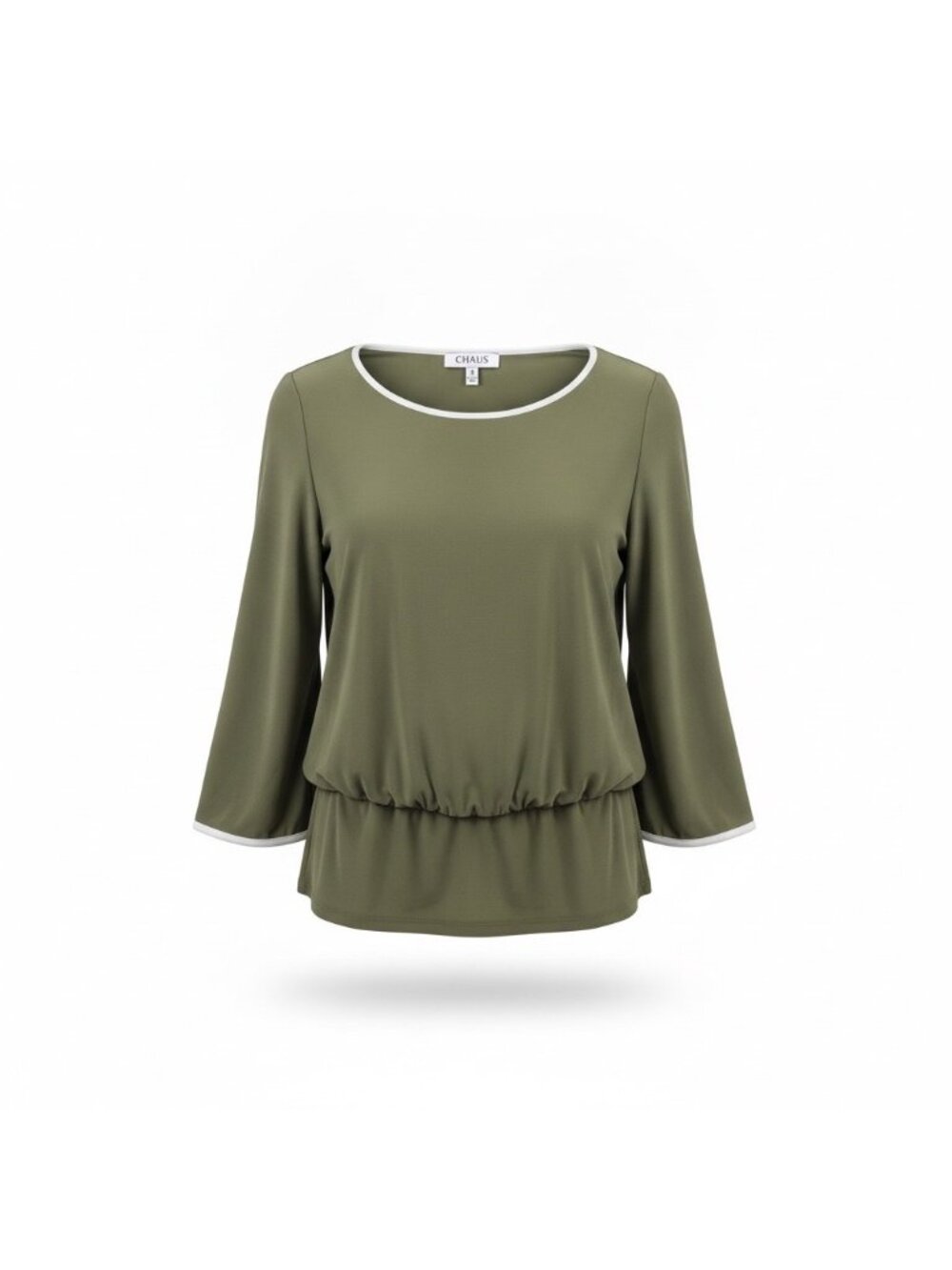 Chaus Womens Green Blouse Elastic Waist Contrast Trim Size M